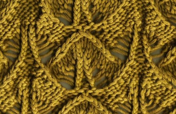 Texturiertes, senfgelbes Strickmuster mit geschwungenen und geometrischen Formen.